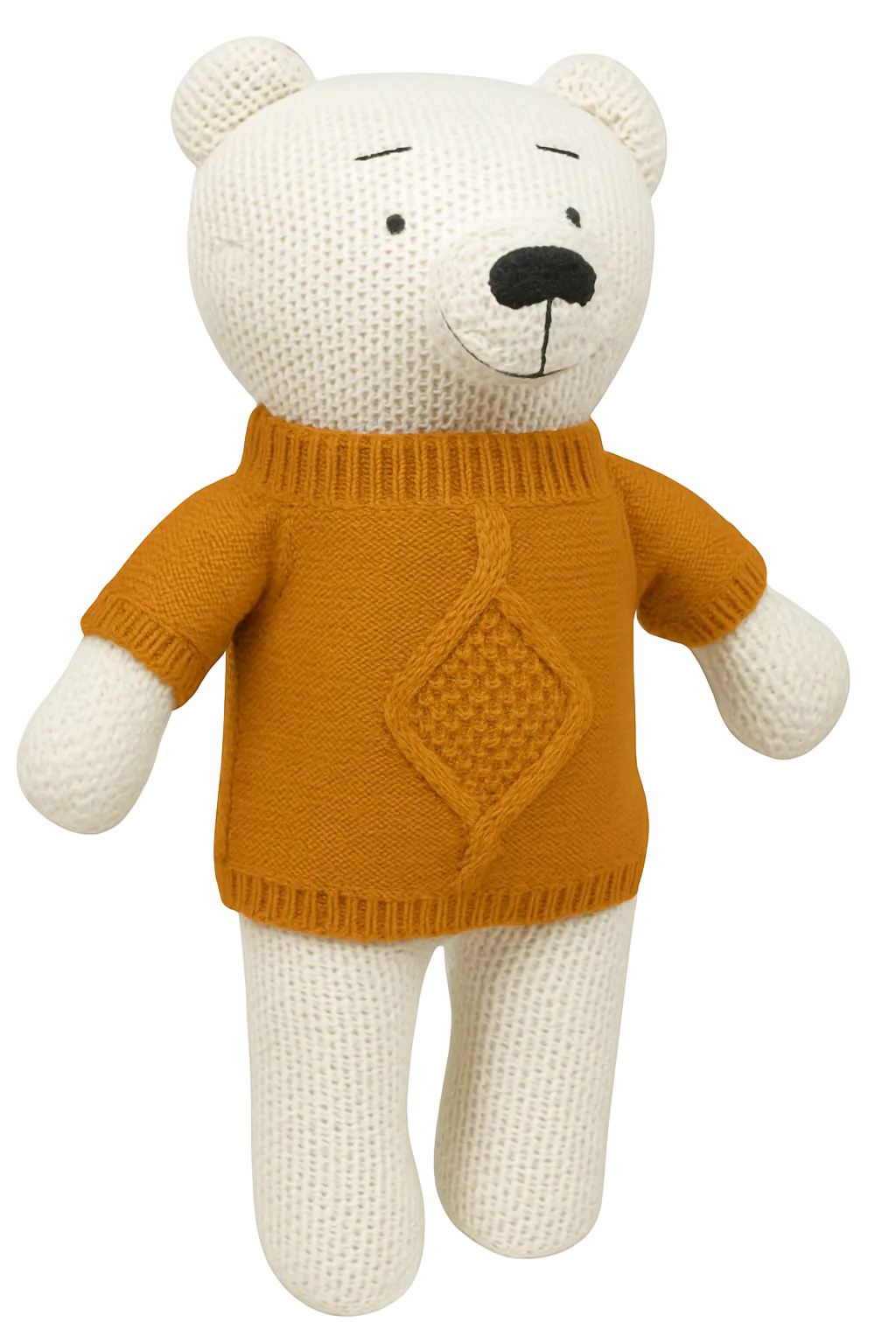 Knitted teddy bear wearing a mustard yellow sweater on a white background