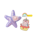 Sequined starfish toy with a unicorn on a polka dot card