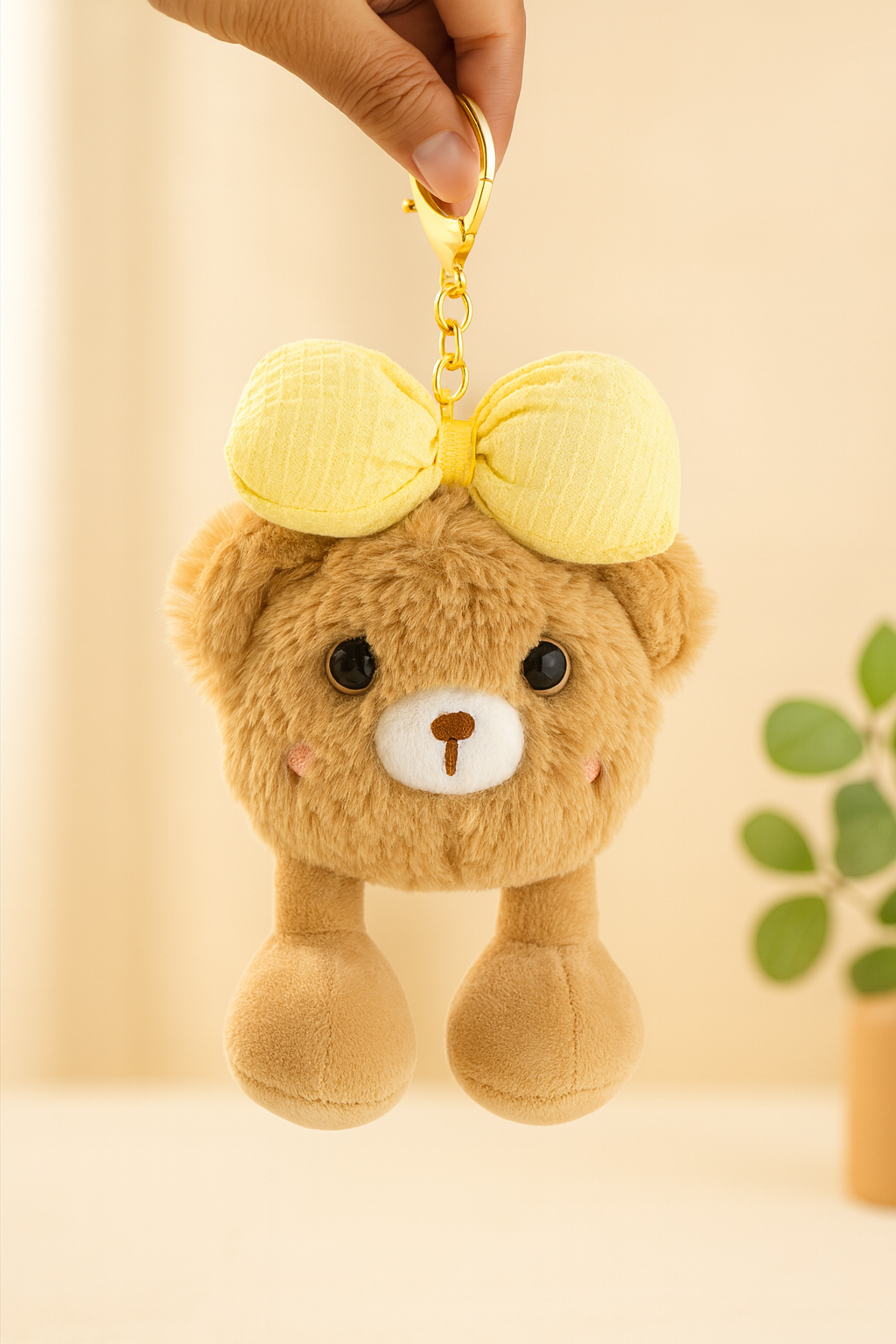 Teddy Bear Plush Keychain with Yellow Bow - Soft Toy Bag Charm