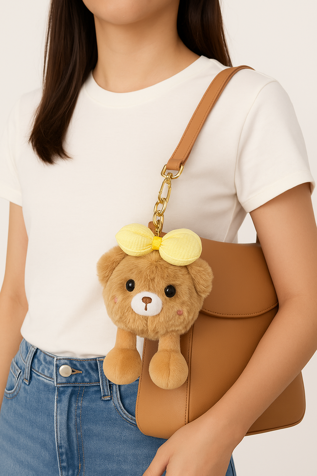 Teddy Bear Plush Keychain with Yellow Bow - Soft Toy Bag Charm