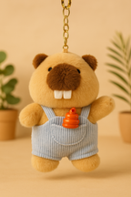 Plush Beaver Keychain with Overalls- Soft Toy Bag Charm