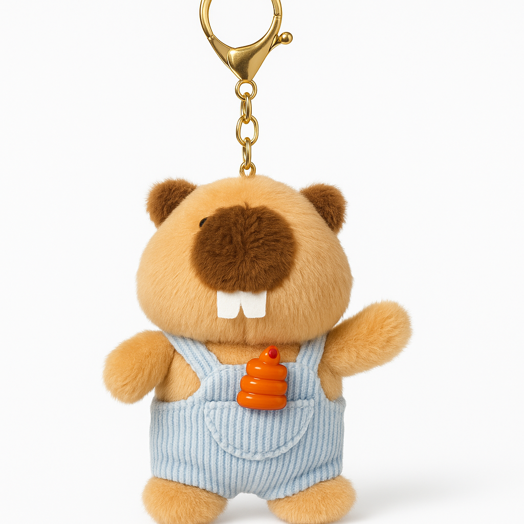 Cute Plush Beaver Keychain with Overalls- Soft Toy Bag Charm