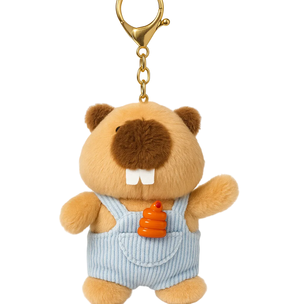 Plush keychain of a beaver wearing overalls with a honey jar on a white background