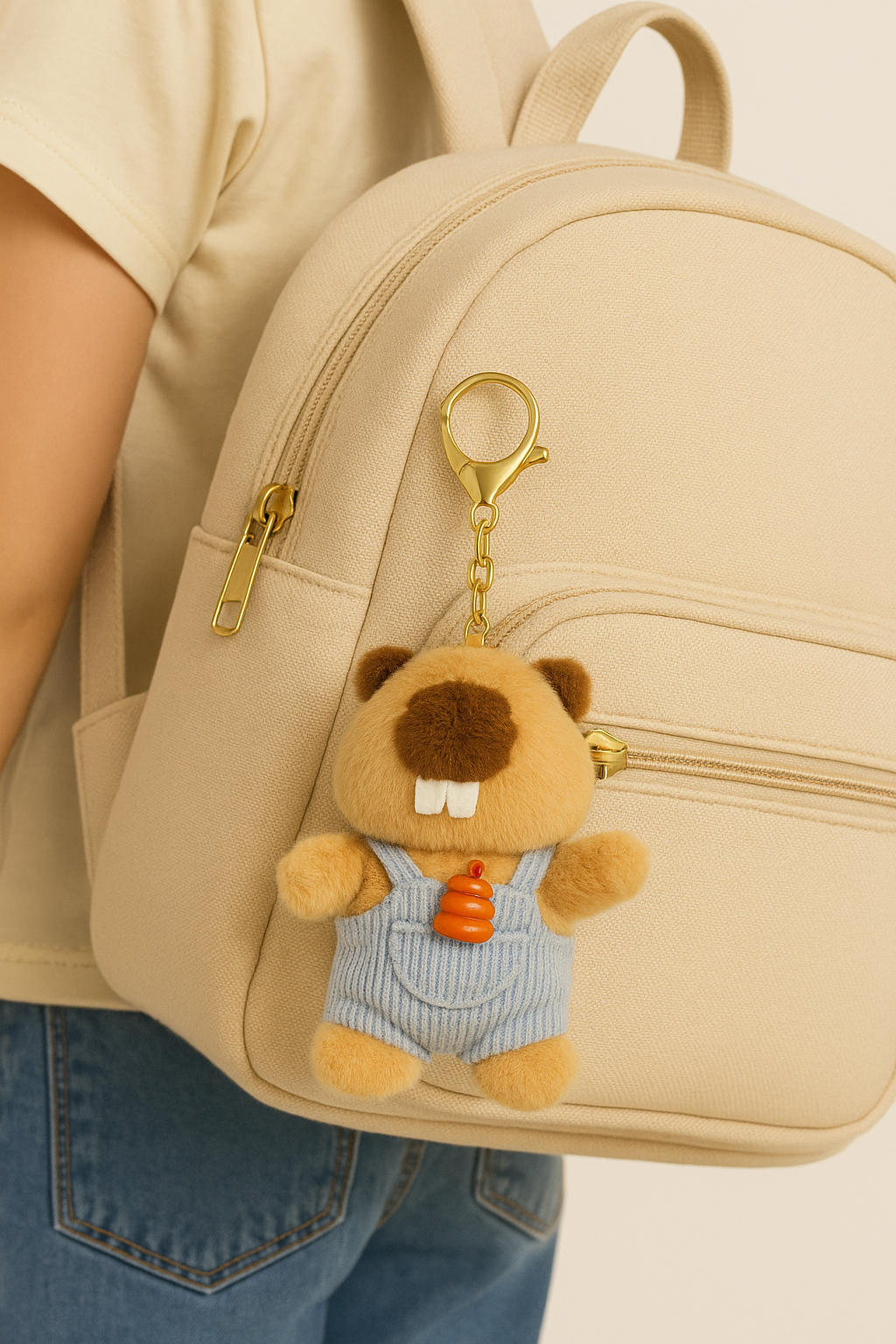 Cute Plush Beaver Keychain with Overalls- Soft Toy Bag Charm