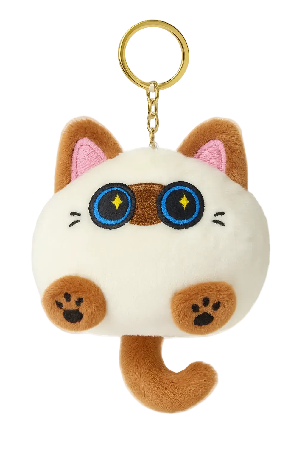 Cat-shaped keychain with blue eyes and pink ears on a white background