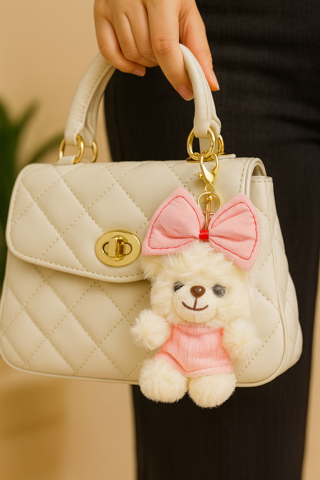 Plush Teddy Bear Keychain with Pink Bow & Sweater - Cute Bag Charm