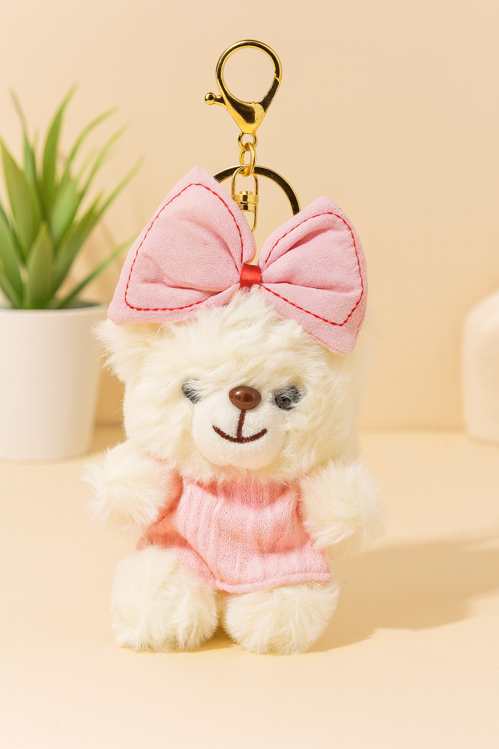 Plush Teddy Bear Keychain with Pink Bow & Sweater - Cute Bag Charm