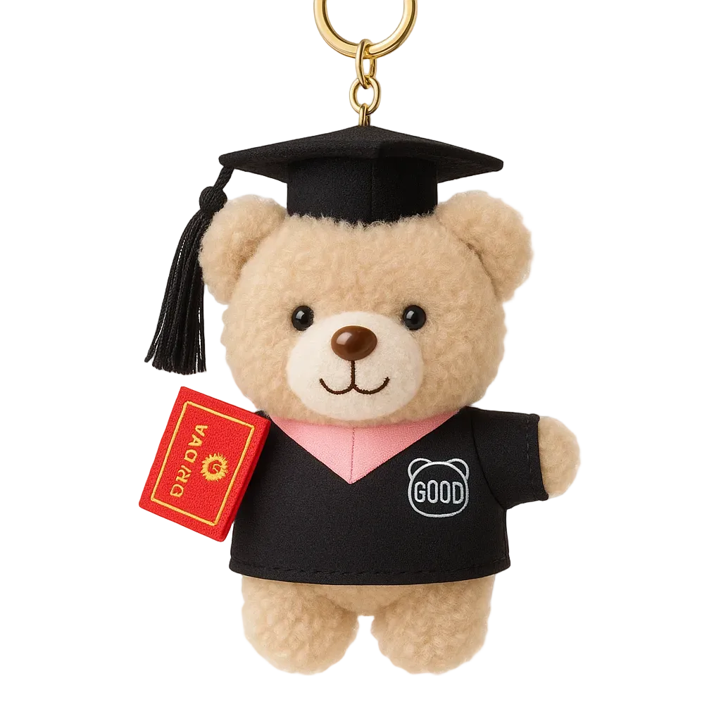 Graduation-themed teddy bear keychain with a cap, tassel, and diploma on a white background