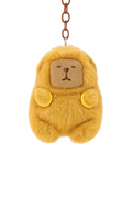 Yellow plush toy shaped like a bear in a lion costume with a chain on a white background