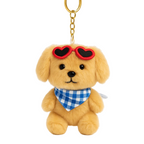 Plush dog keychain with heart-shaped sunglasses and a blue checkered bandana on a white background
