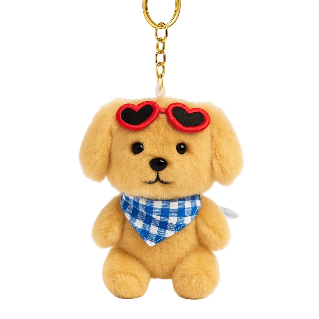 Plush dog keychain with heart-shaped sunglasses and a blue checkered bandana on a white background