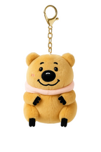 Plush bear keychain with a pink bow on a white background