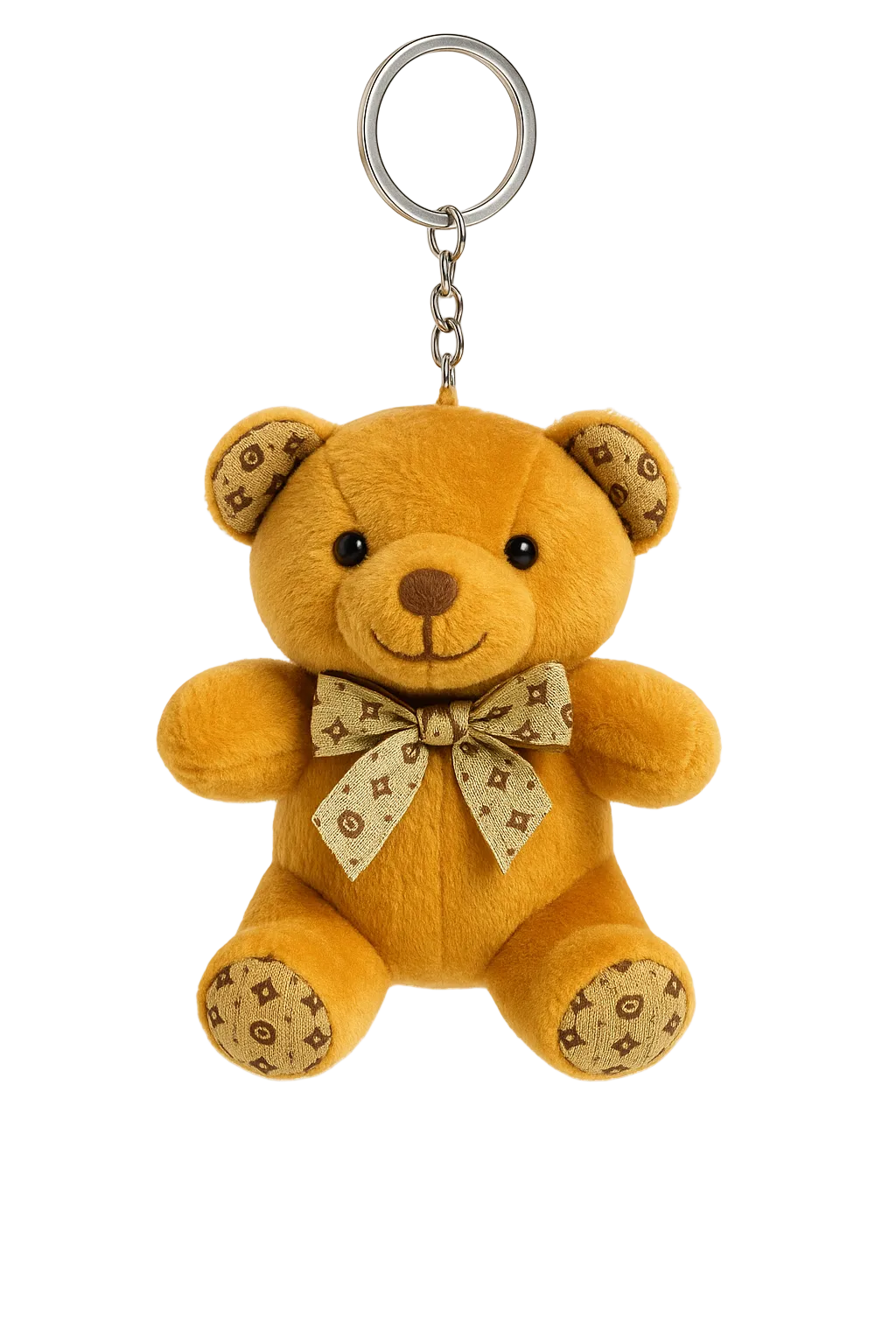 Yellow teddy bear keychain with a bow tie on a white background