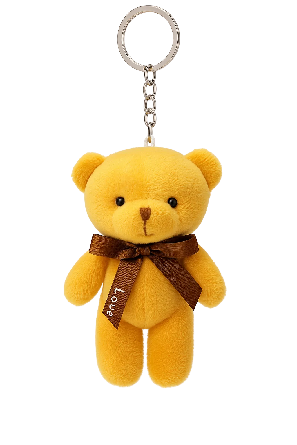 Yellow teddy bear keychain with a brown bow and 'Lover' text on a white background