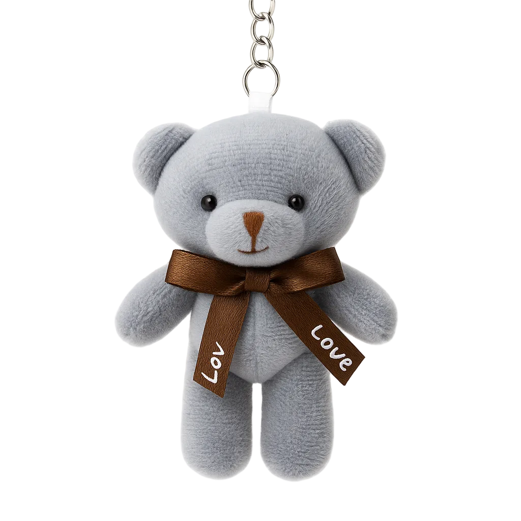 Gray teddy bear keychain with a brown ribbon and 'LOVE' tag on a white background