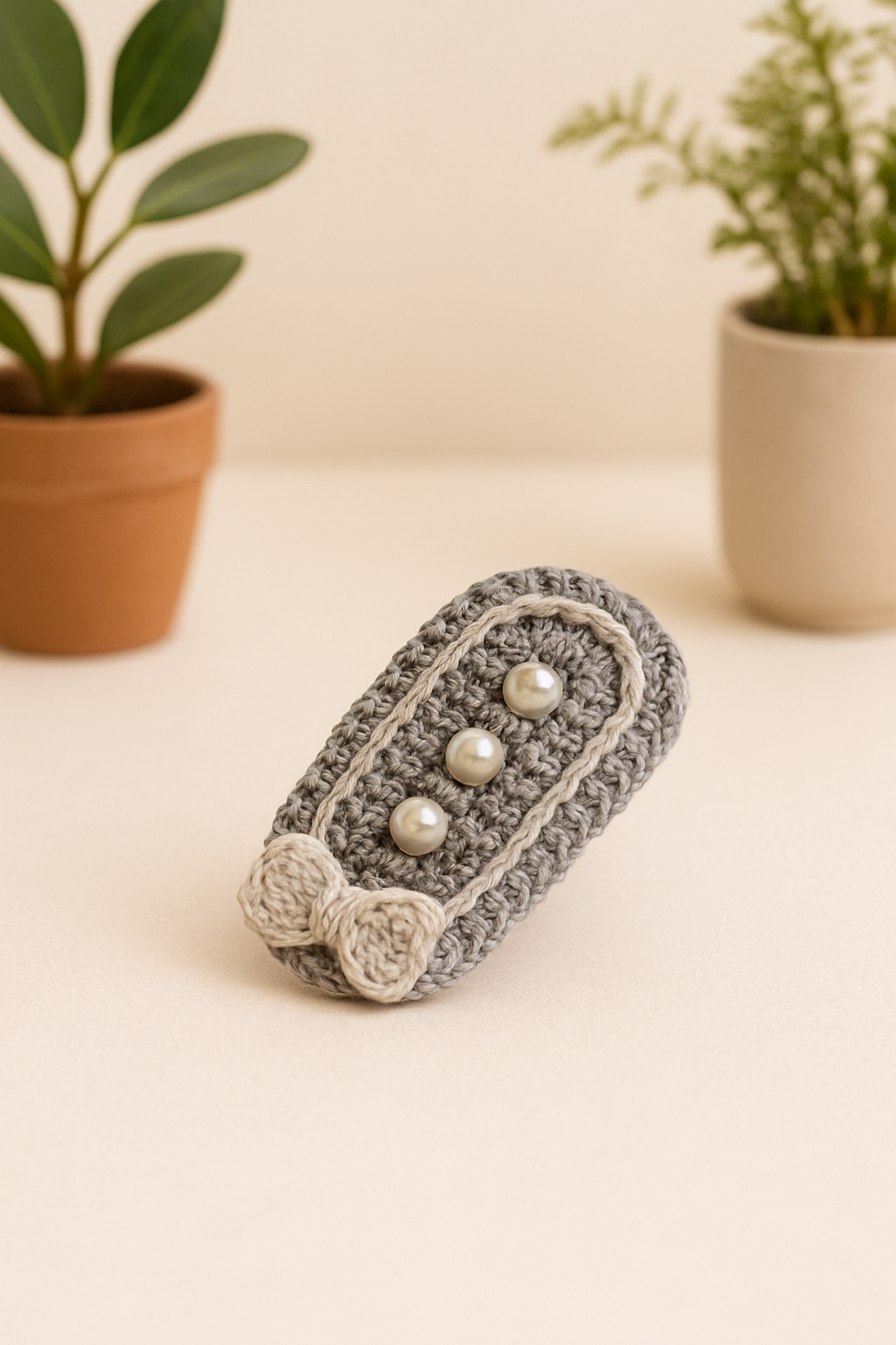 Elegant Grey Crochet Hair Clip with Pearls