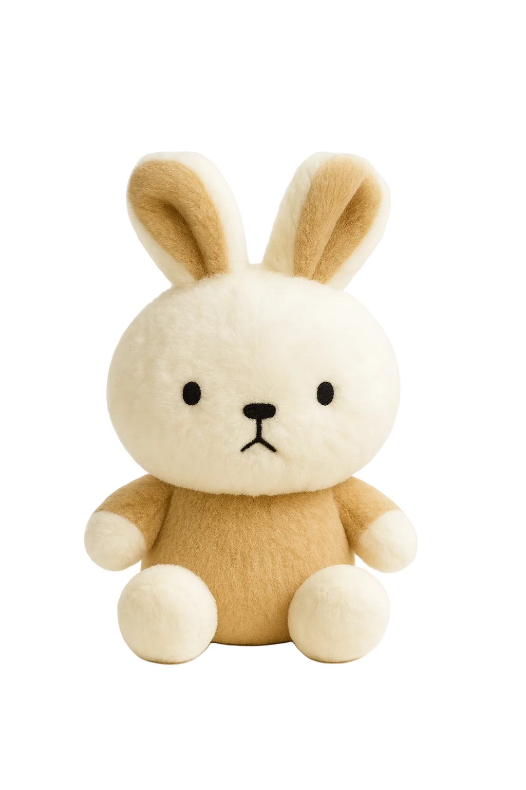 Stuffed animal toy with rabbit-like features on a white background