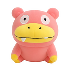 Pink plush toy with a yellow mouth on a white background