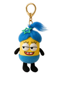 Plush keychain of a cartoon character with blue hair and yellow face on a white background