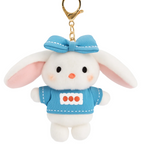 Plush bunny keychain with blue bow and shirt on a white background