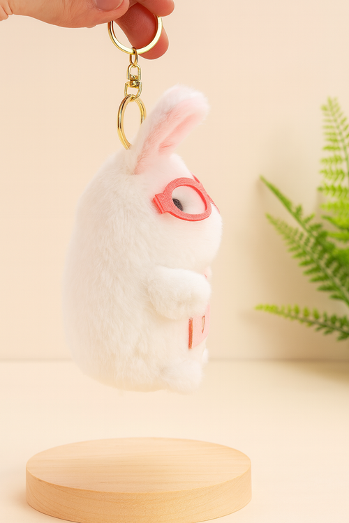 Bunny Plush Keychain with Glasses & Study Book