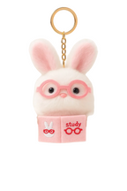 Plush bunny keychain with pink glasses and a book titled 'study' on a white background