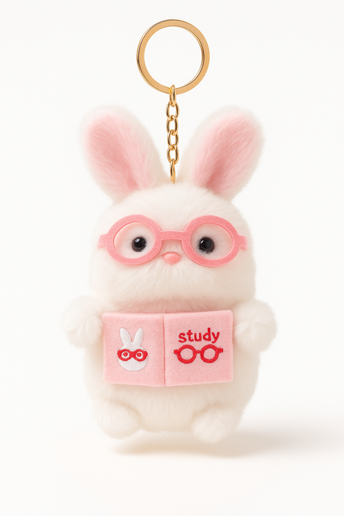Bunny Plush Keychain with Glasses & Study Book