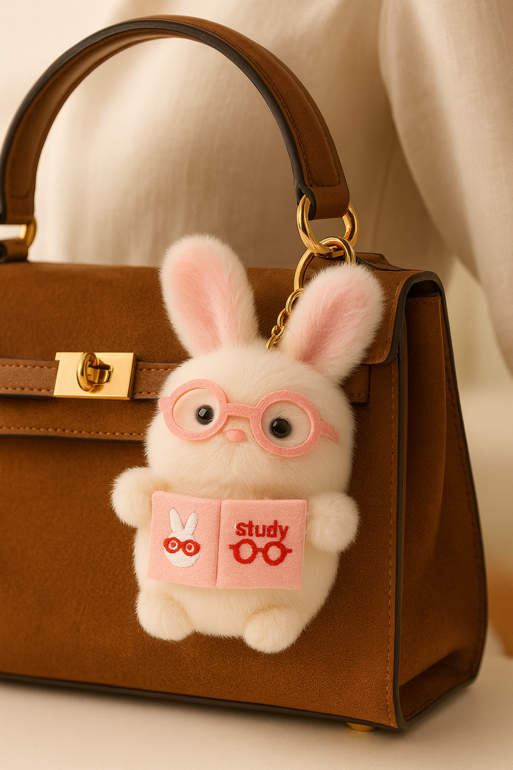 Bunny Plush Keychain with Glasses & Study Book