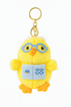 Yellow plush keychain with glasses and a book titled 'study' on a white background