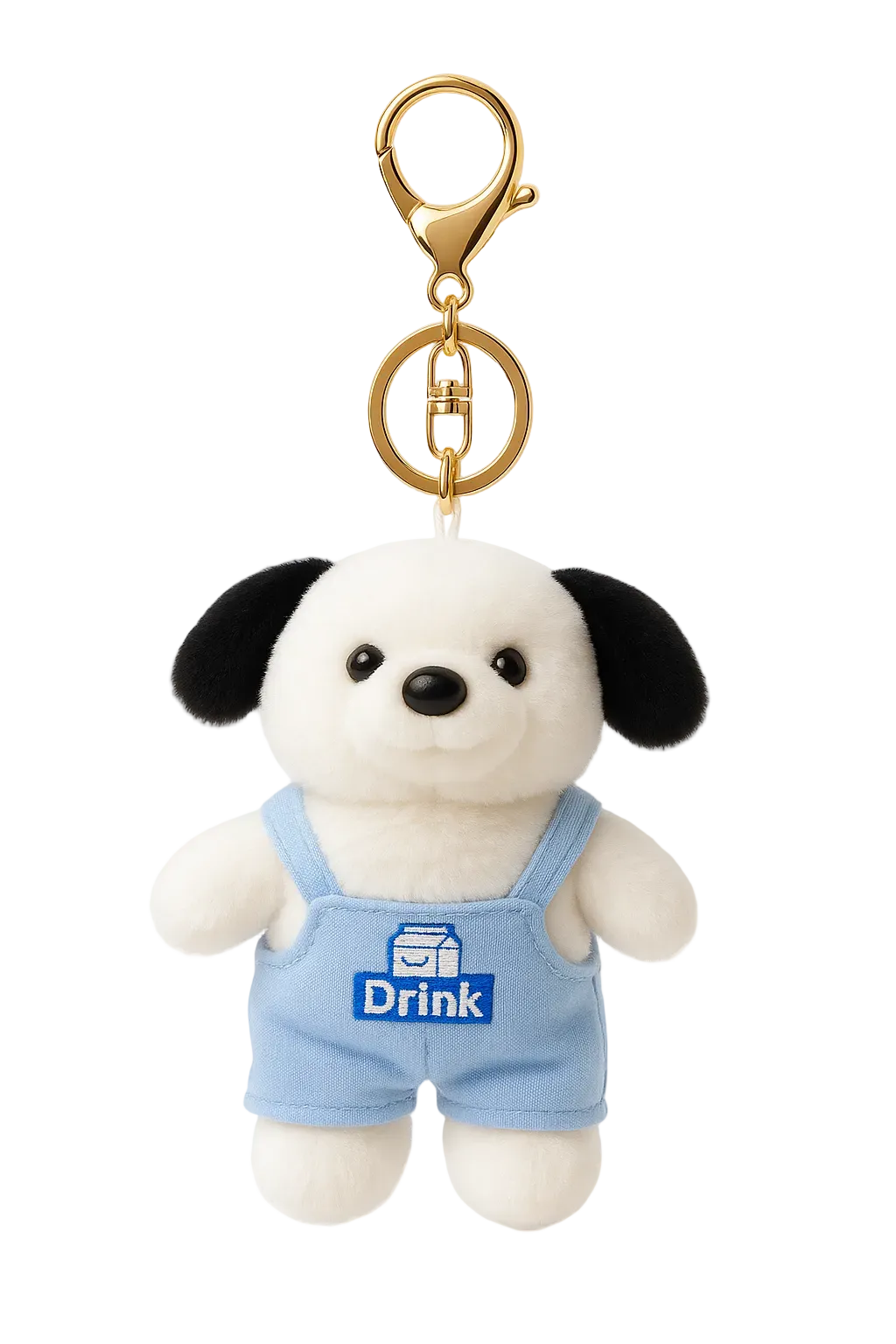 Plush dog keychain with blue overalls and 'Drink' label on a white background