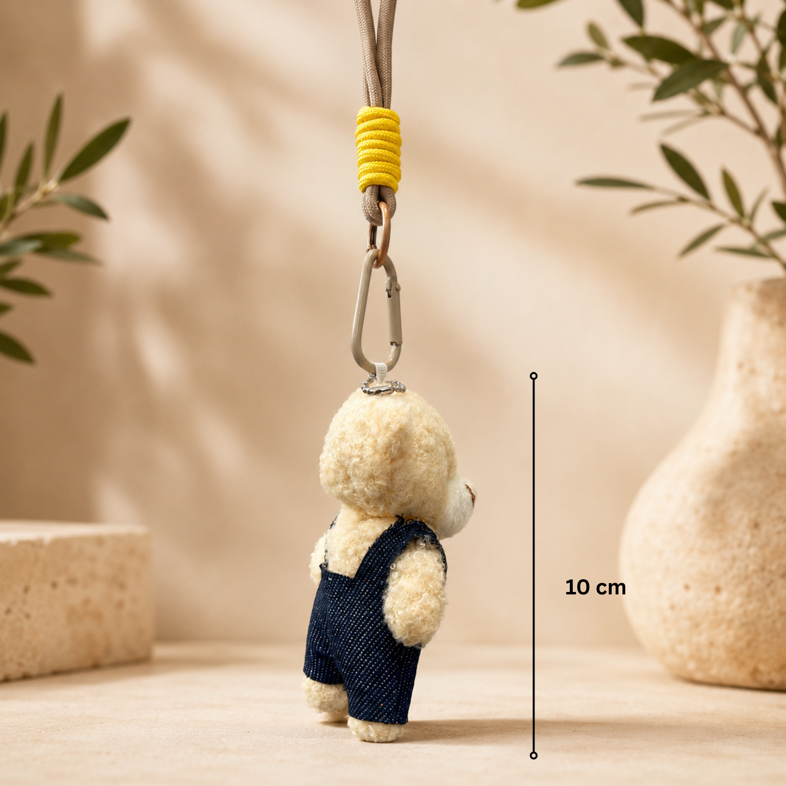 Beige Teddy Plush Keychain with Blue Overalls