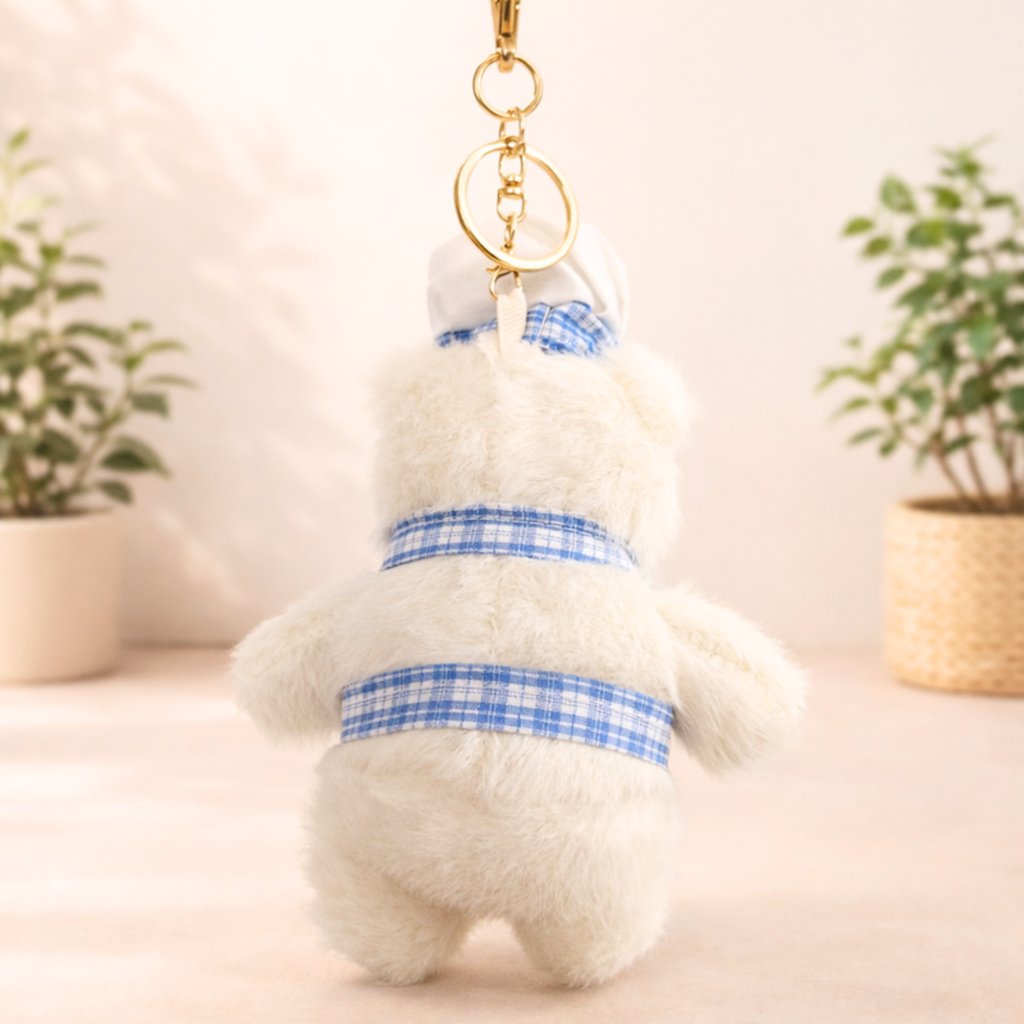 White Chef Teddy Plush Bag Charm with “Lovely” Hat & Check Apron