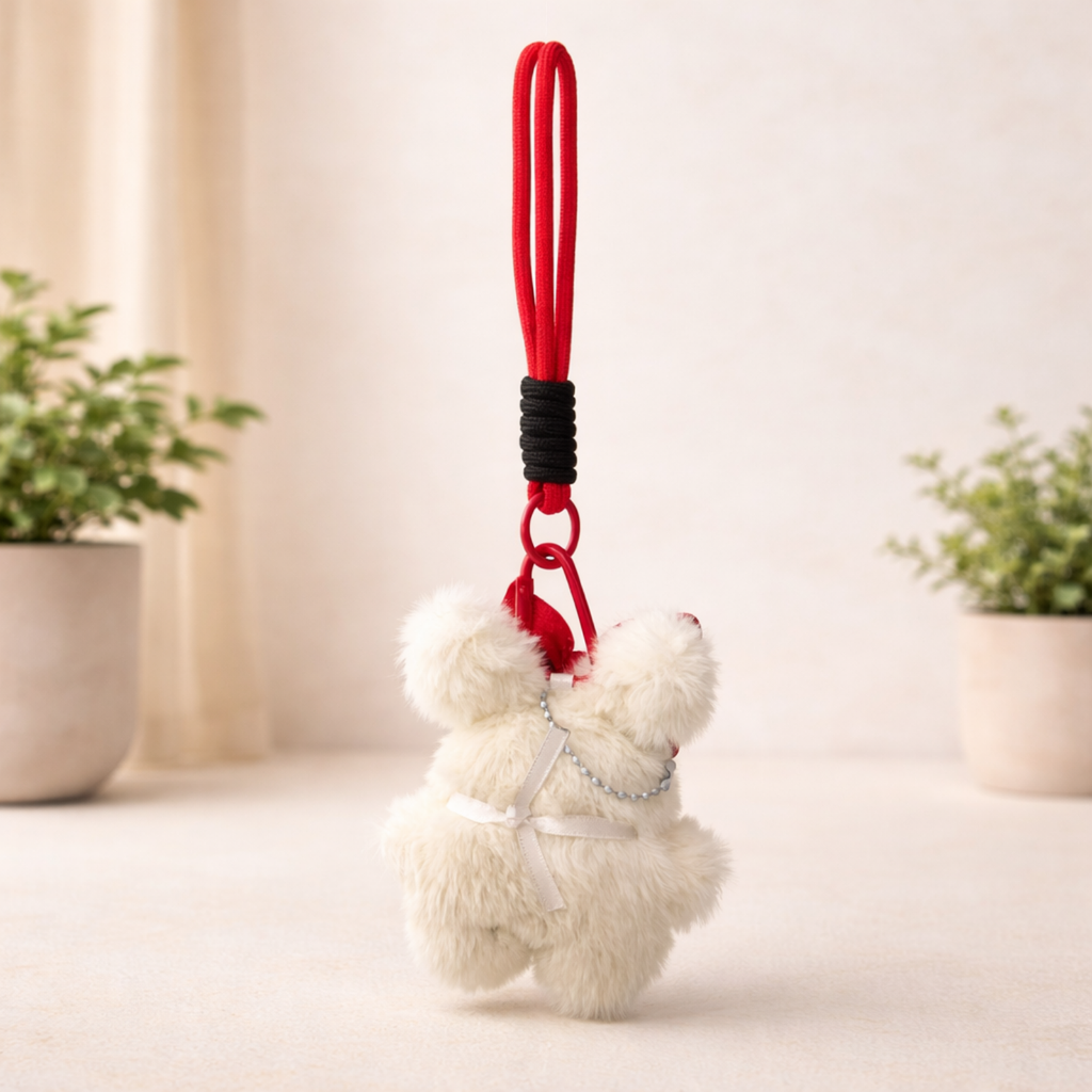 White Teddy Plush Bag Charm with Bow & Checkered Apron