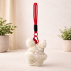White Teddy Plush Bag Charm with Bow & Checkered Apron