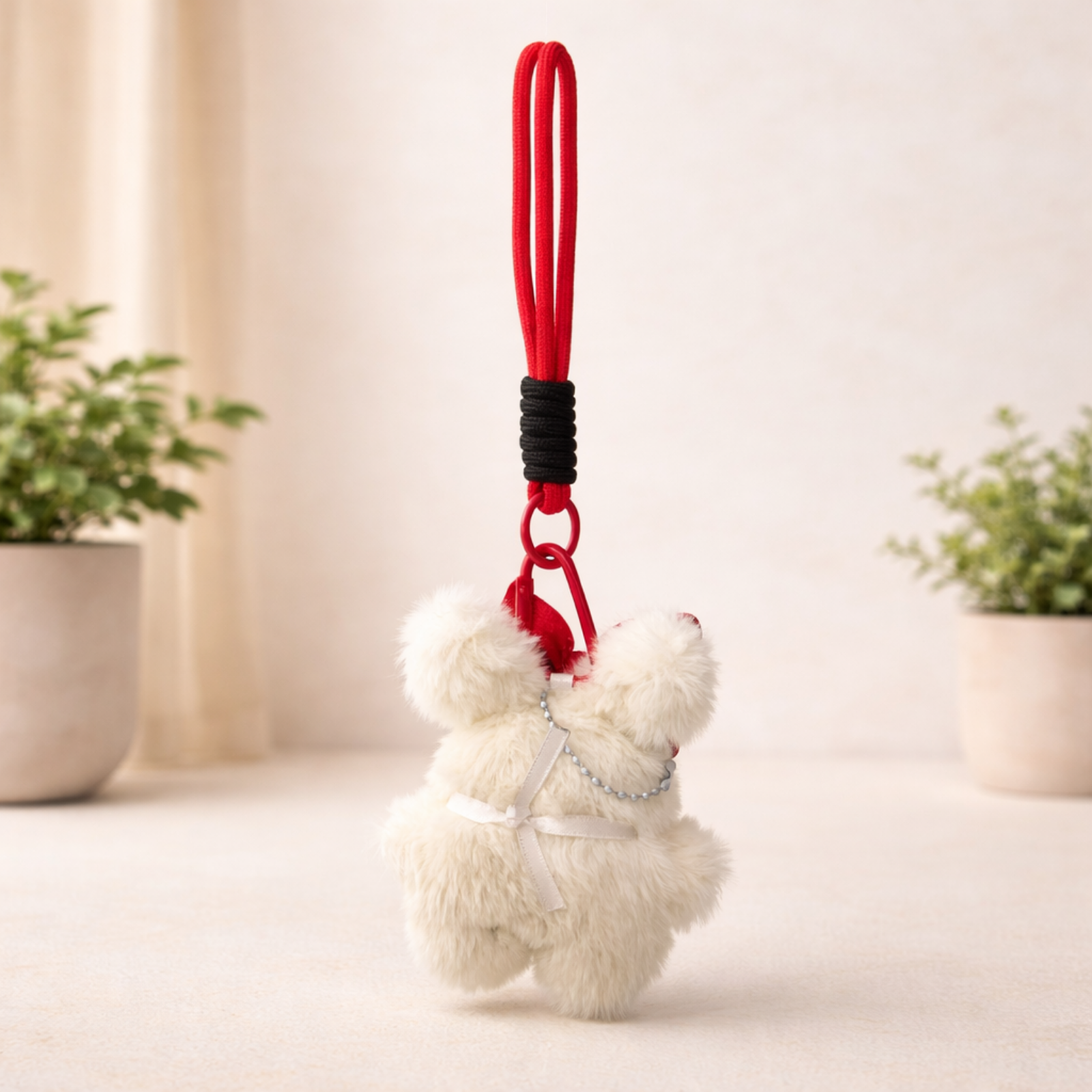 White Teddy Plush Bag Charm with Bow & Checkered Apron