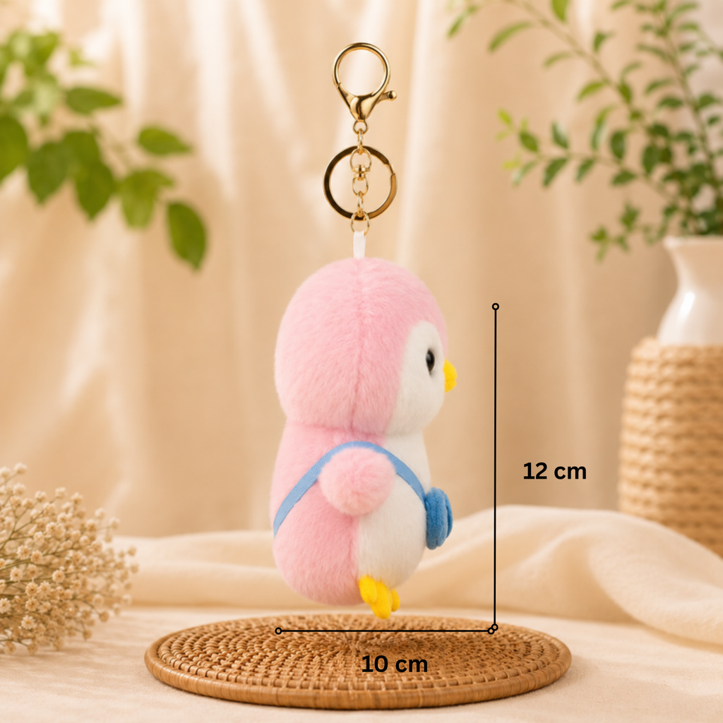 Pink Penguin Plush Bag Charm with Blue Fish Pouch