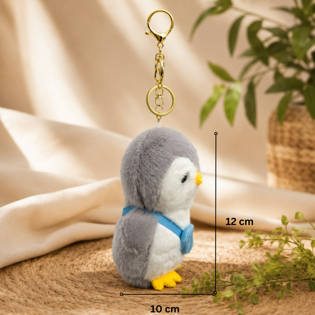Grey Penguin Plush Bag Charm with Blue Fish Pouch