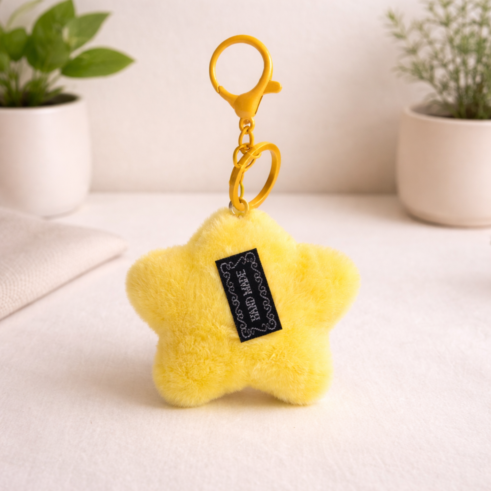 Yellow Star Plush Bag Charm with Brown Cap