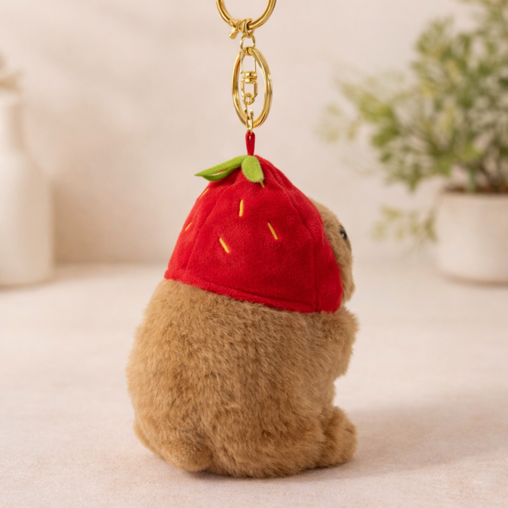 Brown Capybara Plush Bag Charm with Strawberry Hoodie