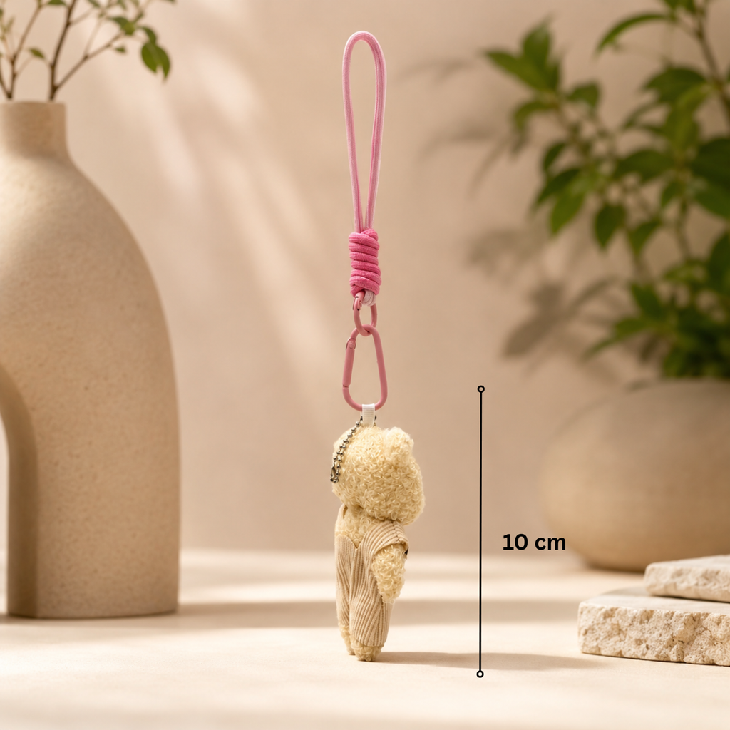 Beige Teddy Plush Keychain with Skin Overalls