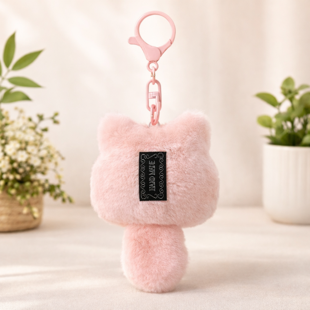Pink Cat Plush Bag Charm with Green Eyes & Tail