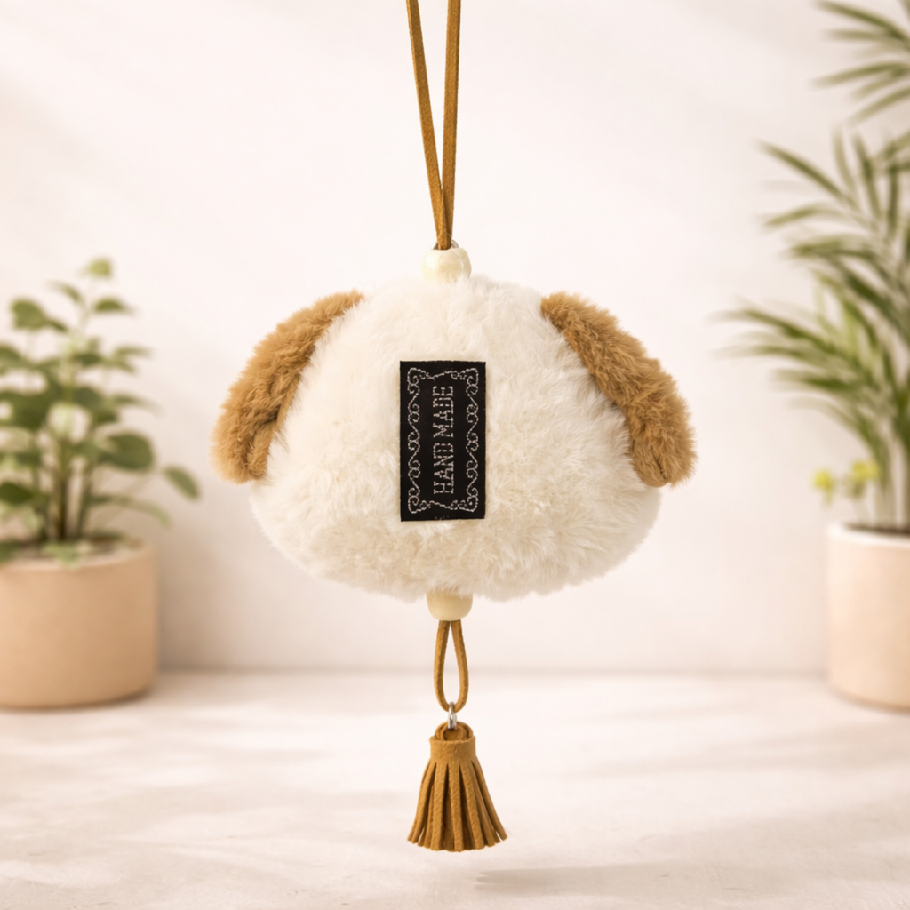 White Puppy Plush Bag Charm with Brown Strap & Tassels