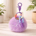 Lavender Fluffy Plush Pom Pom Keychain with Big Eyes & Colorful Beads