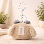 Beige White Puppy Plush Bag Charm with Polka Dot Bow