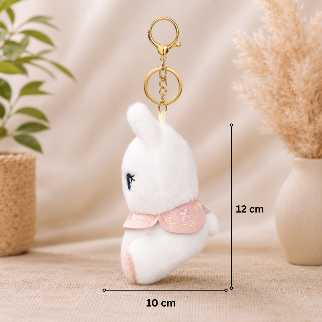 White Bunny Plush Bag Charm with Pink Cape & Pearl Detail