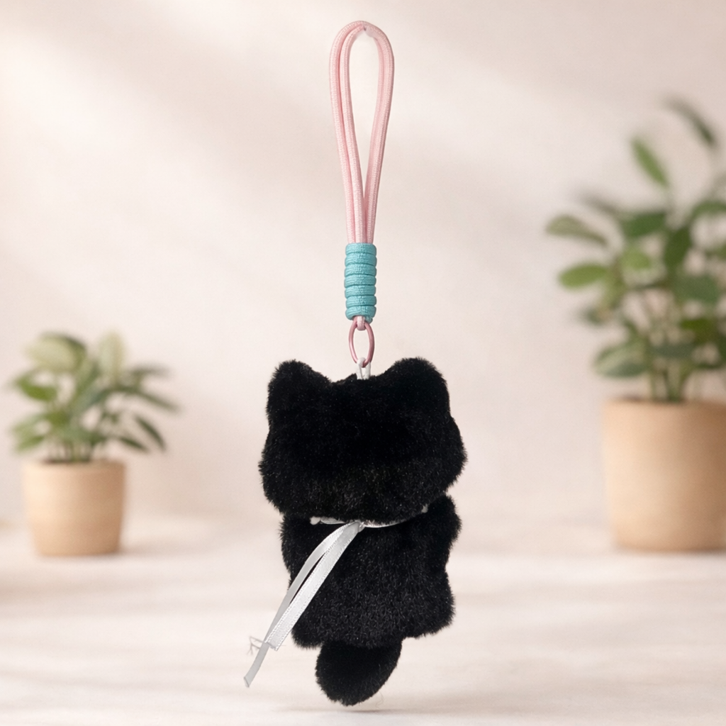 Black Cat Plush Bag Charm with Pink Bib & Red Nose