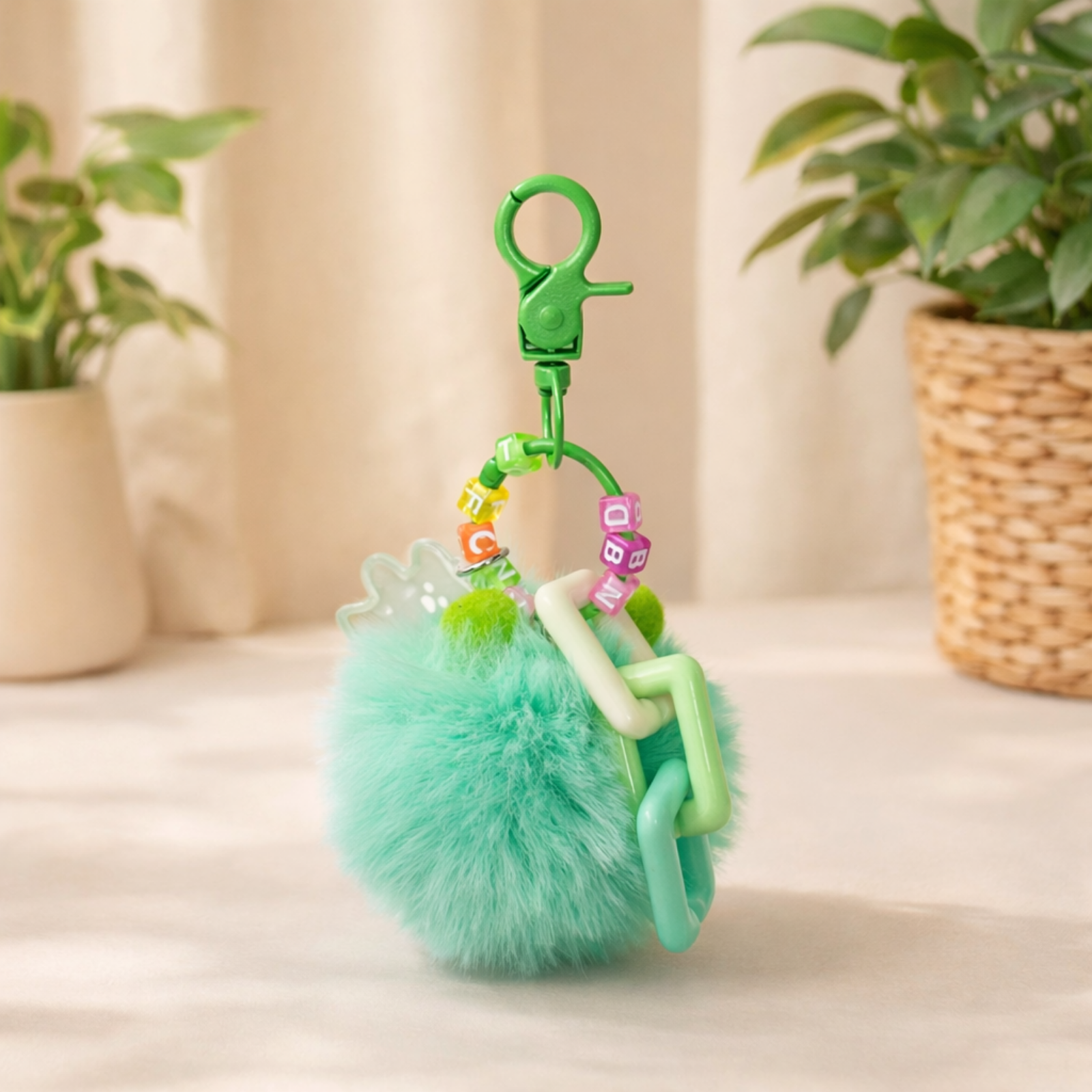 Mint Green Fluffy Pom Pom Keychain with Googly Eyes & Beaded Charm