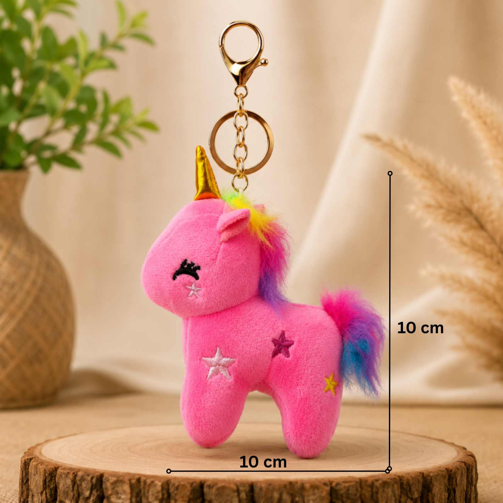 Magenta Unicorn Plush Bag Charm with Rainbow Mane & Gold Horn