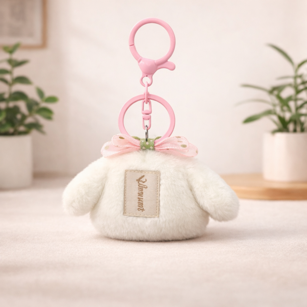 Peach Pink Cream Puppy Plush Bag Charm with Strawberry Bow