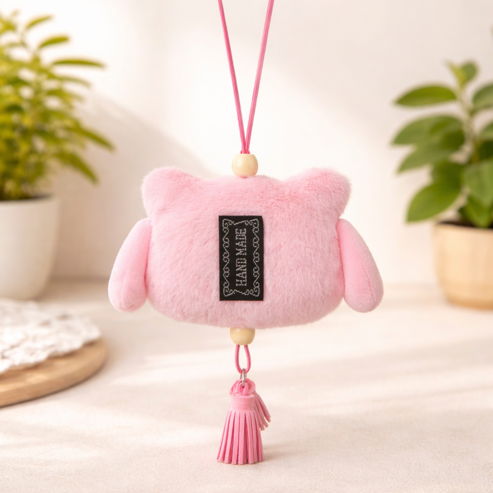 Pink Pig Plush Bag Charm with Strap & Tassels